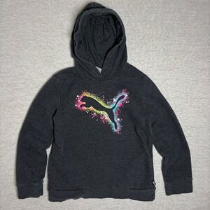 Puma Girls Hoodie Medium 10-12 Gray Rainbow Paint Splatter Logo Sweatshirt